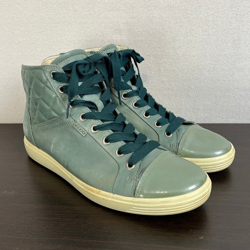 ECCO Soft 7 Womens Sage Green Quilted Leather Patent Toe High Top Sneakers